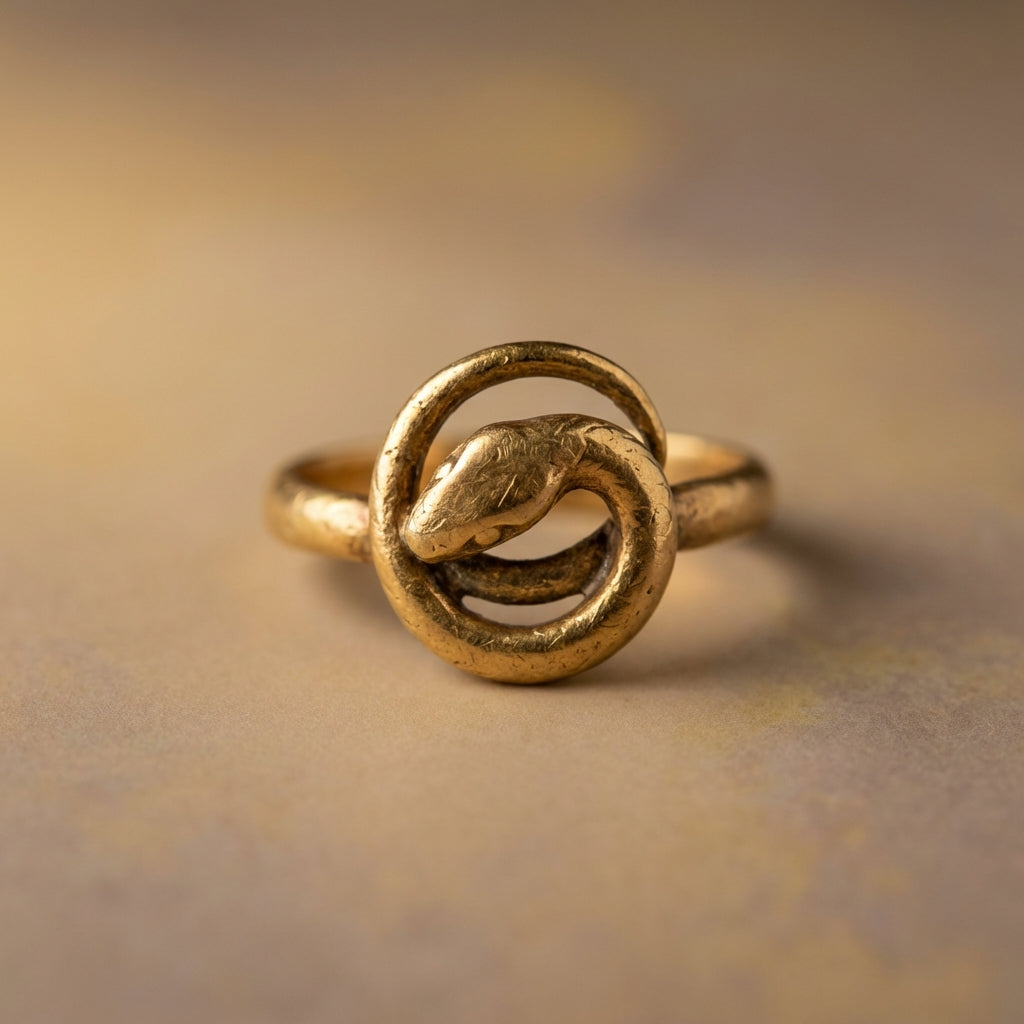 Close cropped studio photograph of a small ancient gold ouroboros ring with coiled serpent motif on pale beige background #ede7da lit by warm directional light emphasizing texture