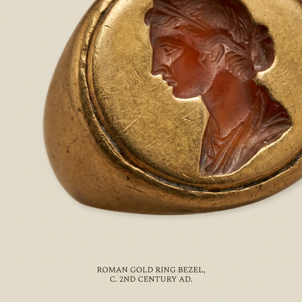 Close macro of a gold ring roman bezel with carved intaglio on neutral beige background showing warm patina high detail minimalist composition