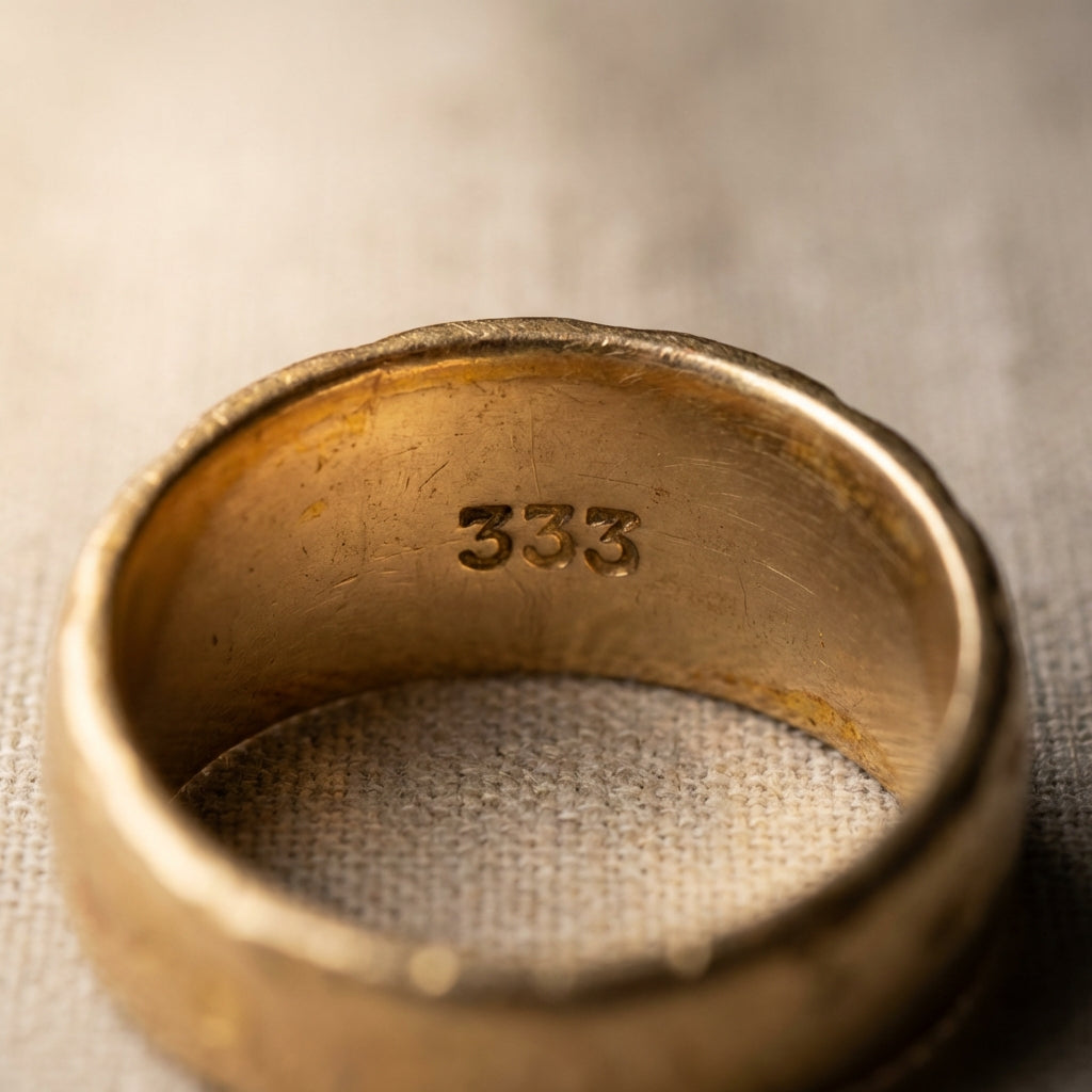 Close macro of an ancient gold ring interior stamped 333 on neutral linen background in warm directional light showing patina and clear engraving gold ring roman numerals