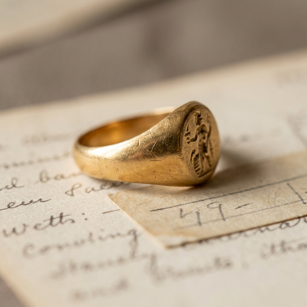 Close three quarter view of a worn gold ring roman resting on archival paper with catalog notes soft natural light highlighting patina and bezel detail minimalist negative space