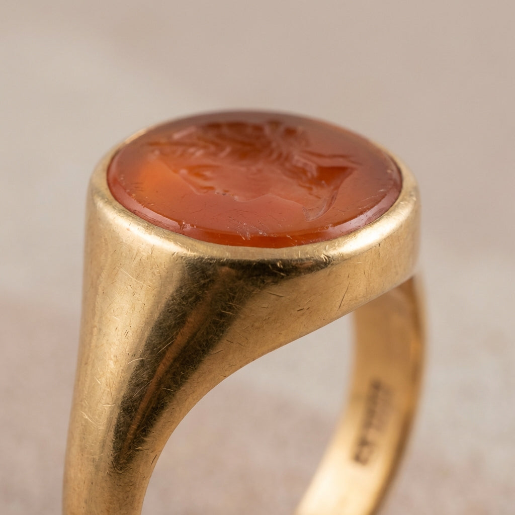 Close up of gold ring stamped roman bezel with carnelian intaglio on neutral Aurora Antiqua background full frame museum style lighting