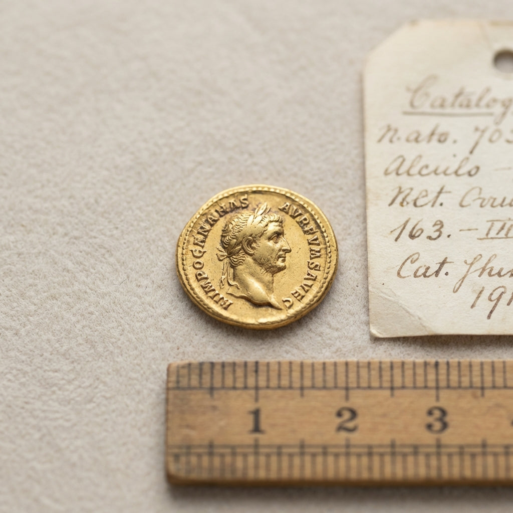 Studio photo of a worn Roman aureus on a soft beige background with a faded cataloguing sheet and a ruler for scale gold ring stamped roman
