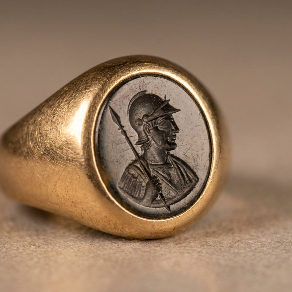 Close up minimal photograph of a worn intaglio set in a gold ring with roman soldier motif on a warm neutral background ede7da Aurora Antiqua aesthetic