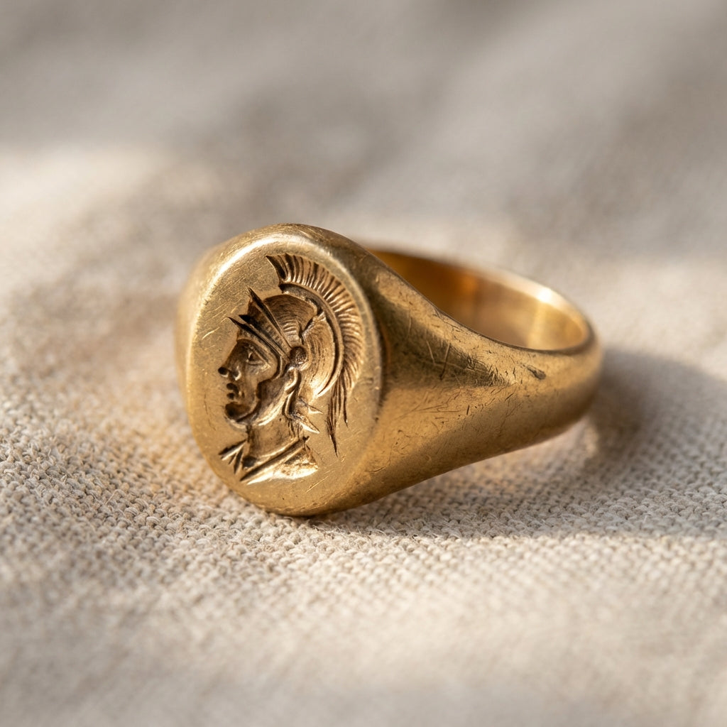 Close three quarter view of an ancient gold ring with roman soldier intaglio resting on neutral fabric minimalist composition background ede7da