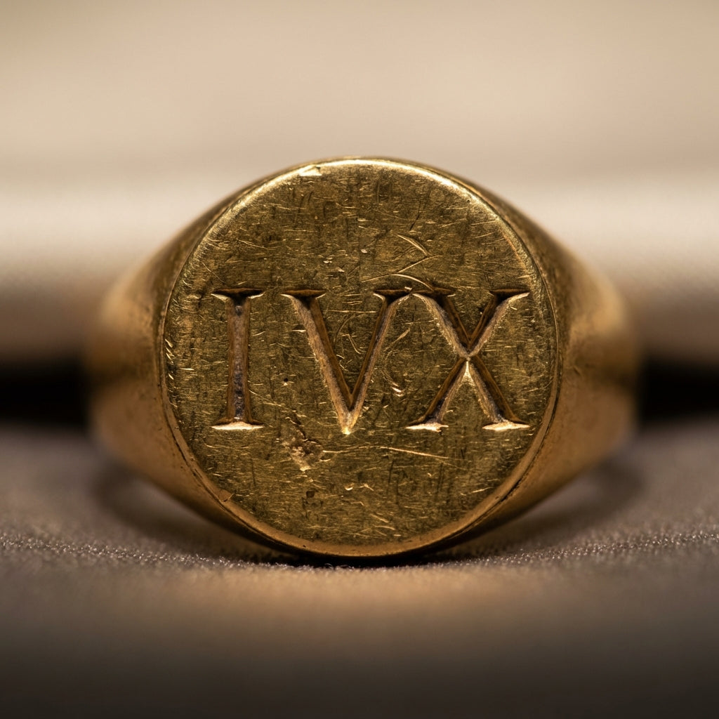 Close cropped gold roman numeral ring bezel showing incised numerals texture and patina on warm beige background #ede7da