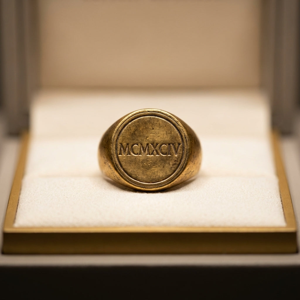 Close up of a gold roman numeral ring bezel with engraved numerals on warm cream museum background even lighting shallow depth of field