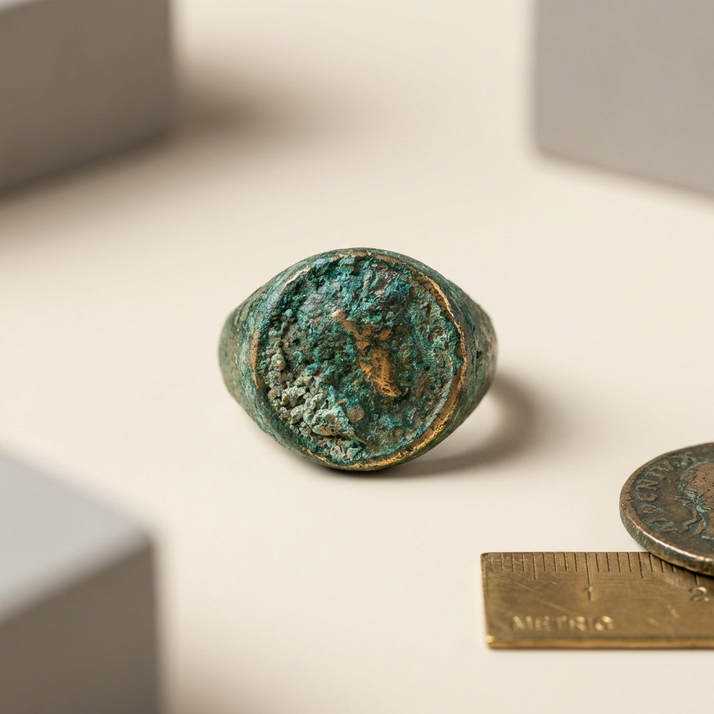 Close up of a Hellenistic bronze ring bezel with patina on neutral ede7da background with a subtle metric ruler scale in the corner minimal Aurora Antiqua aesthetic greek coin rings