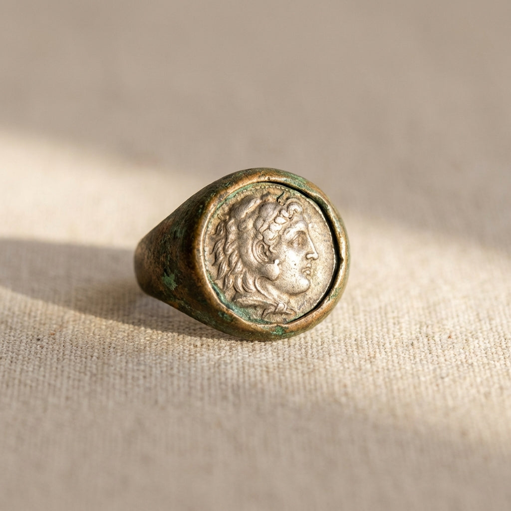 Close up of a patinated bronze ring bezel with a trimmed ancient coin face on neutral linen background in Aurora Antiqua style showcasing greek coin rings