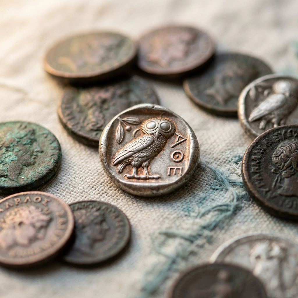 Close lit full frame photo of ancient Greek coins on pale linen showing varied metals and patinas minimalist shallow depth of field greek coin rings