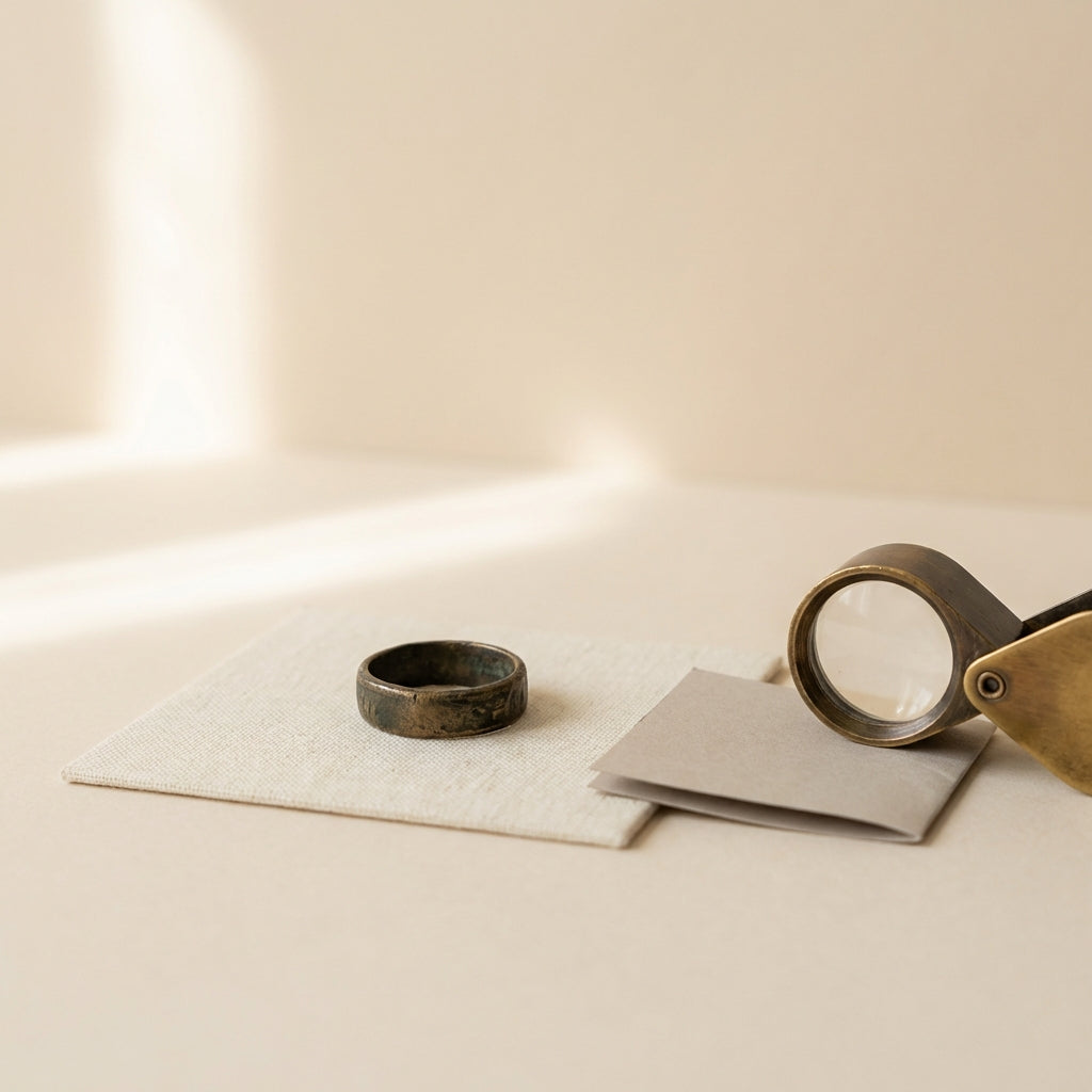 Minimal still life of an ancient bronze greek coin rings on a linen card with a provenance slip and jeweler loupe in muted Aurora Antiqua palette