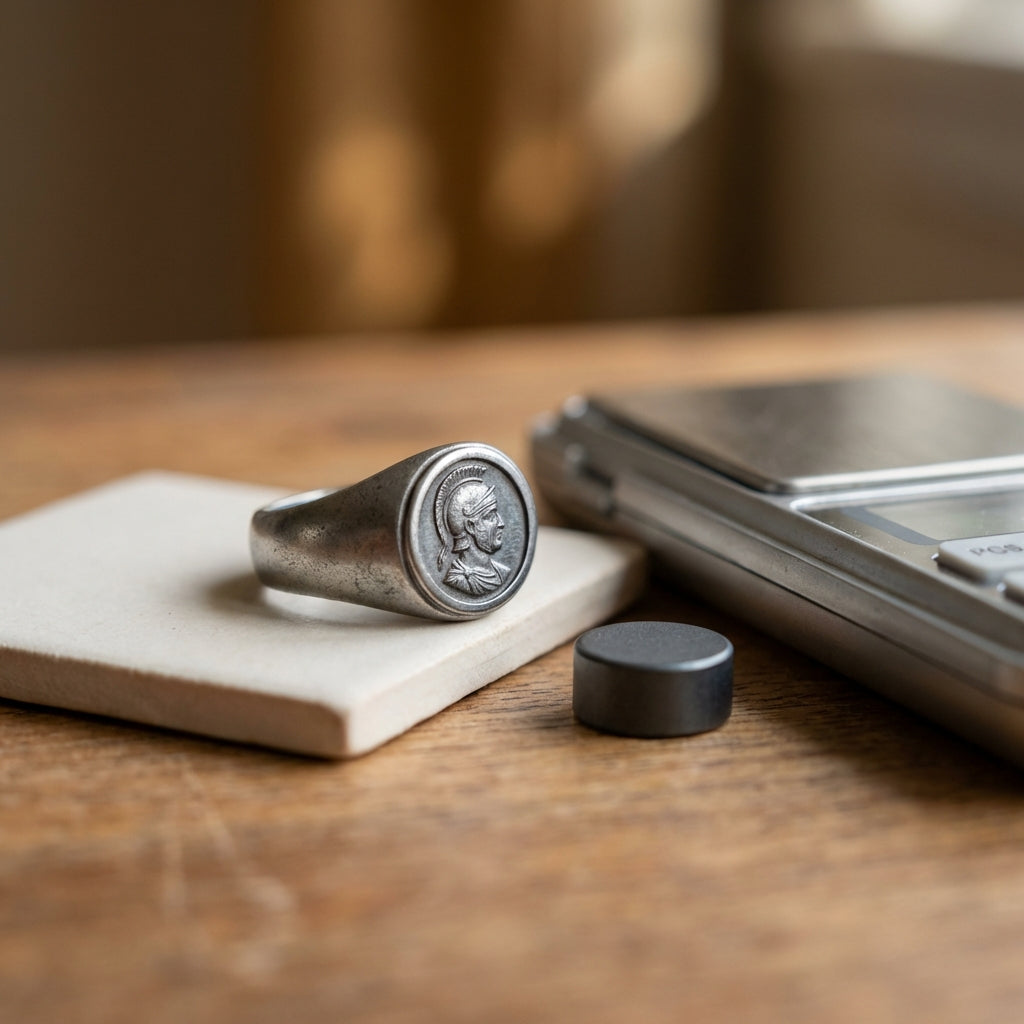 Close minimal shot of a hematite roman soldier ring beside an unglazed porcelain tile small neodymium magnet and pocket scale on a wood table with beige Aurora Antiqua palette