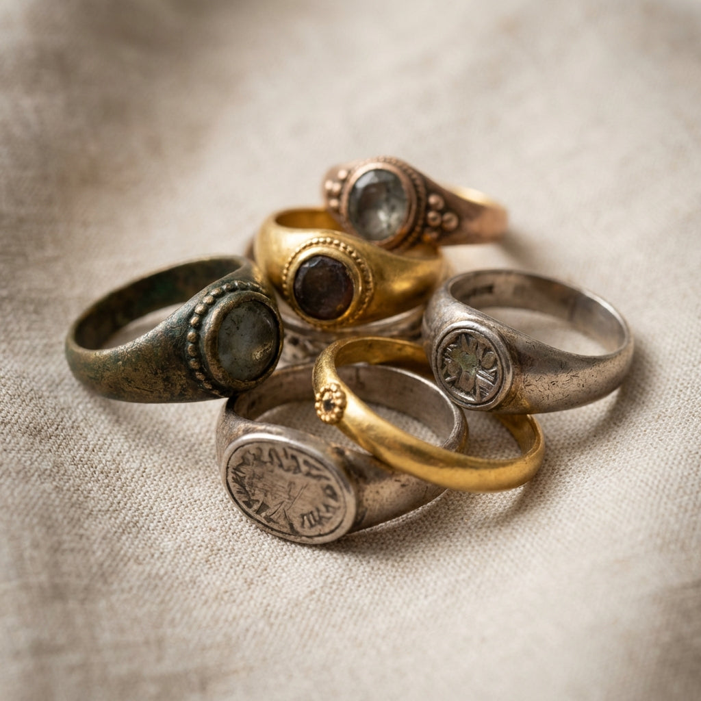 Tightly cropped study of ancient Roman rings on neutral linen showing bezels profiles and patina under soft museum lighting history of roman jewelry