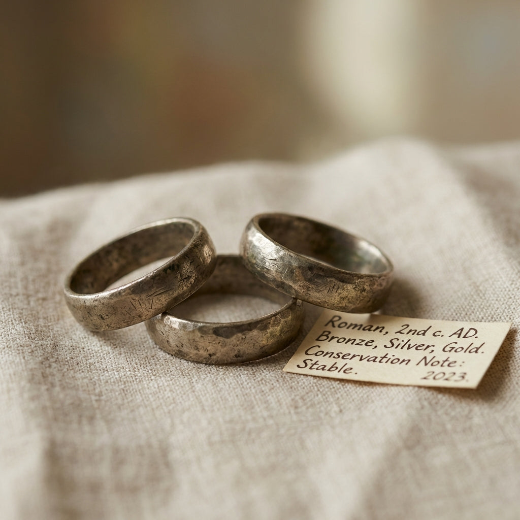 Close softly lit studio photo of ancient rings on neutral linen showing patina and a small handwritten conservation note How to buy ancient rings