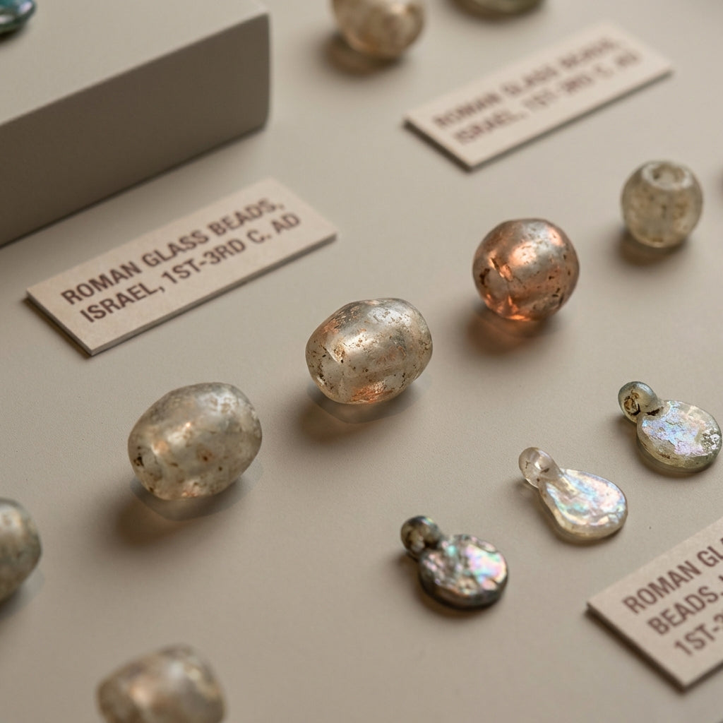 Close up of israel roman glass jewelry display case showing glass beads and small pendants under soft museum lighting on a minimalist ede7da background