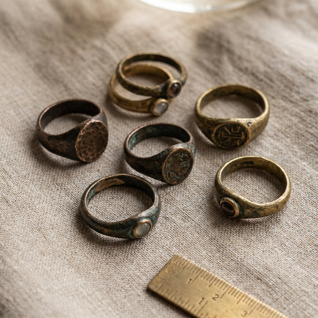 Close flat lay of several medieval bronze ring pieces on neutral linen with a small brass ruler for scale in minimalist Aurora Antiqua palette