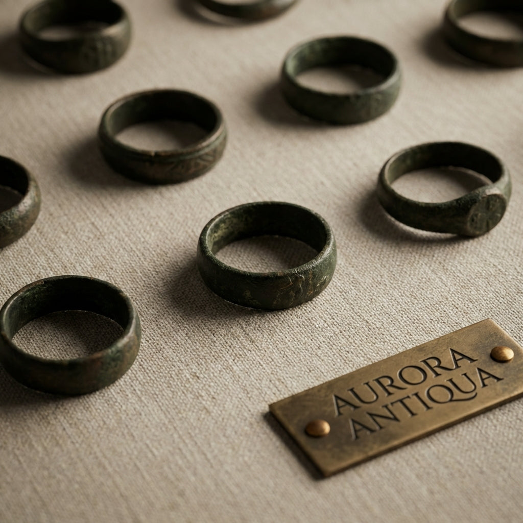 Close crop of multiple medieval bronze ring examples on neutral linen showing varied patinas and textures under soft side light