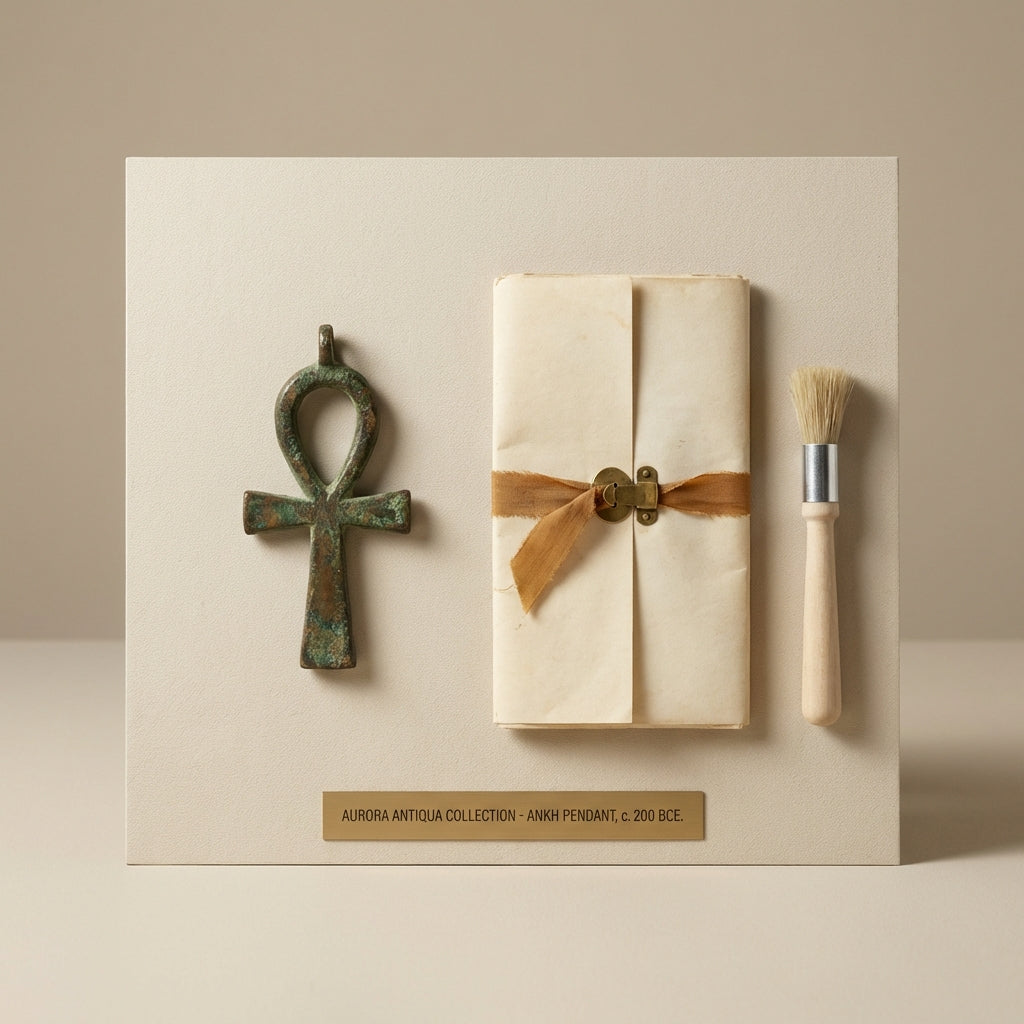Full frame calm studio photo of a patinated bronze ankh pendant beside a folded archival provenance document and a small conservation brush medieval cross necklace