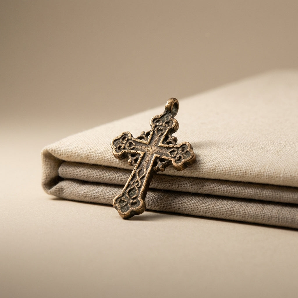 Bronze medieval cross necklace on padded archival cloth with soft directional studio lighting revealing patina and fine surface texture against a warm beige background