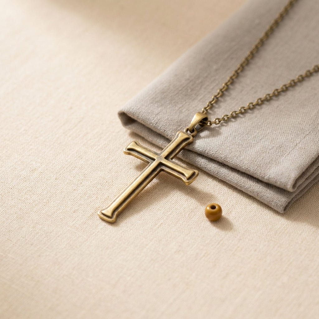 Minimalist studio product photograph of a medieval cross necklace centered on a warm beige background in Aurora Antiqua colors full frame uncluttered composition showing antique gold cross and delicate chain