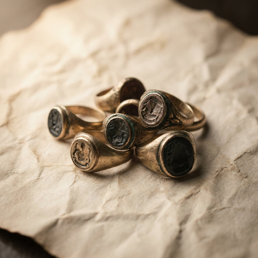 Close up of several ancient medieval crusader ring pieces on aged parchment with soft directional light highlighting bezels intaglio and patina