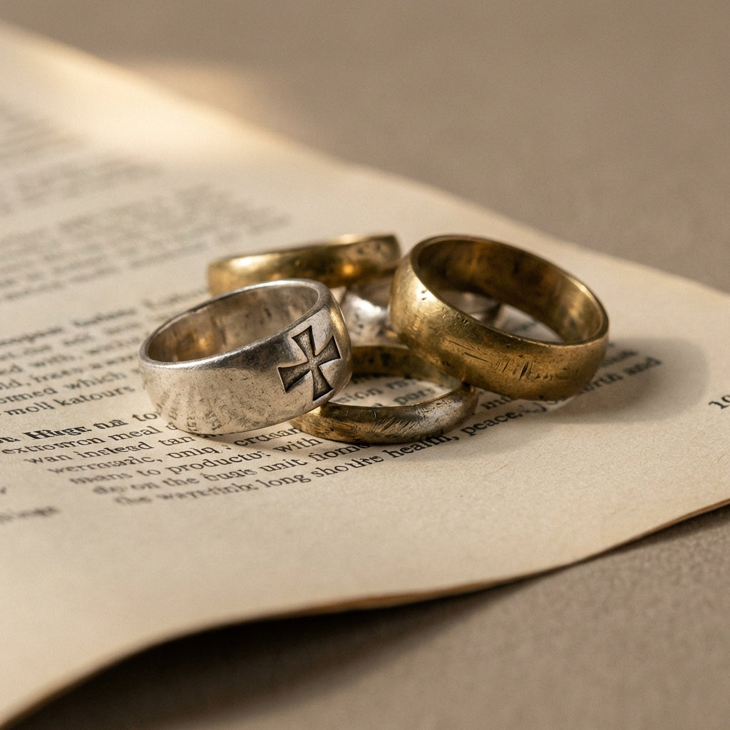 Close full frame photograph of a medieval crusader ring and two ancient rings on a folded catalogue page showing visible patina and tool marks on a warm beige background