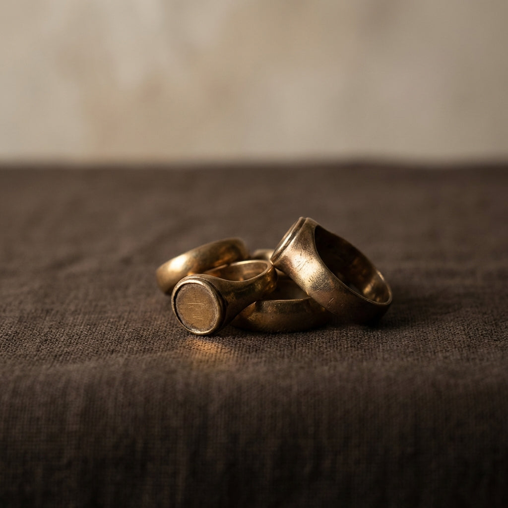Close cropped studio photo of a group of medieval crusader ring pieces on dark linen showing bezels and warm patina against a warm beige background