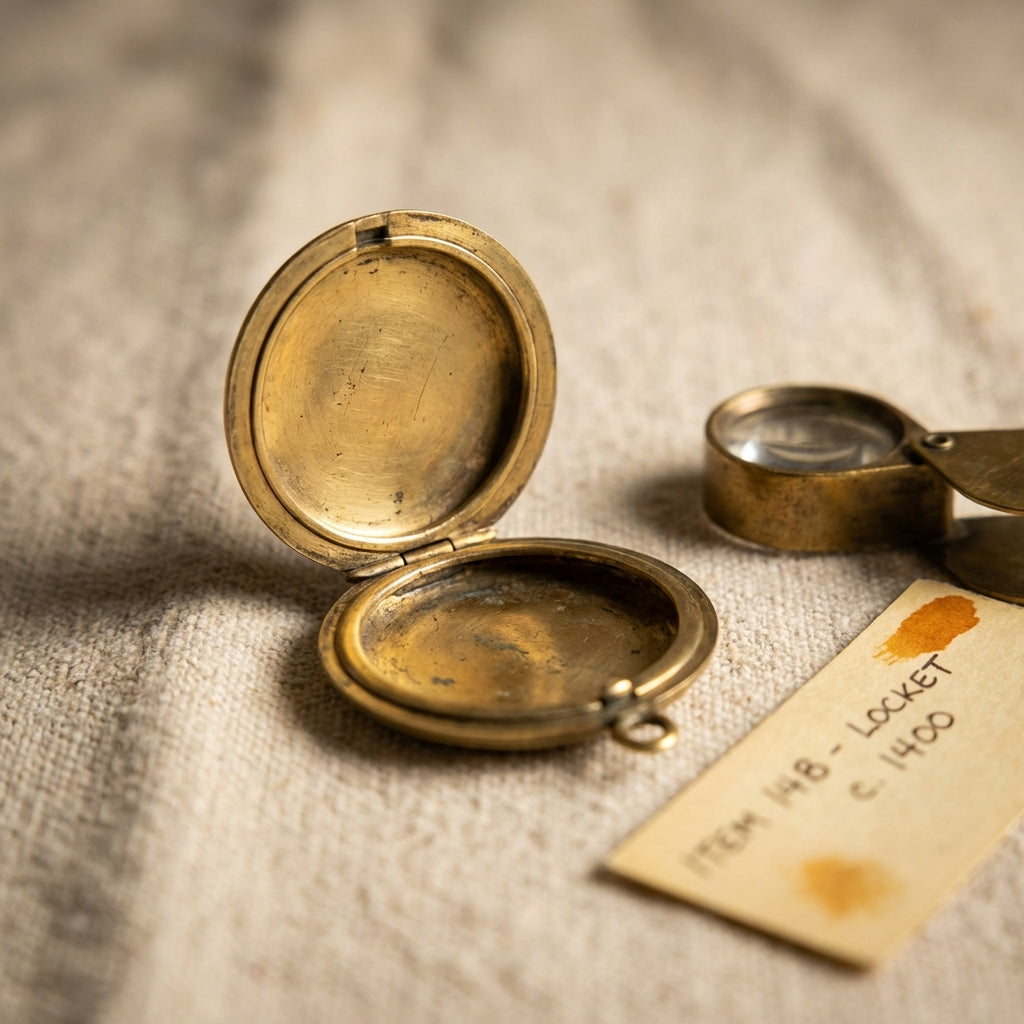 Close studio photograph of an open medieval locket showing warm yellow metal tones and interior wear on neutral fabric with a magnifier and catalog card nearby