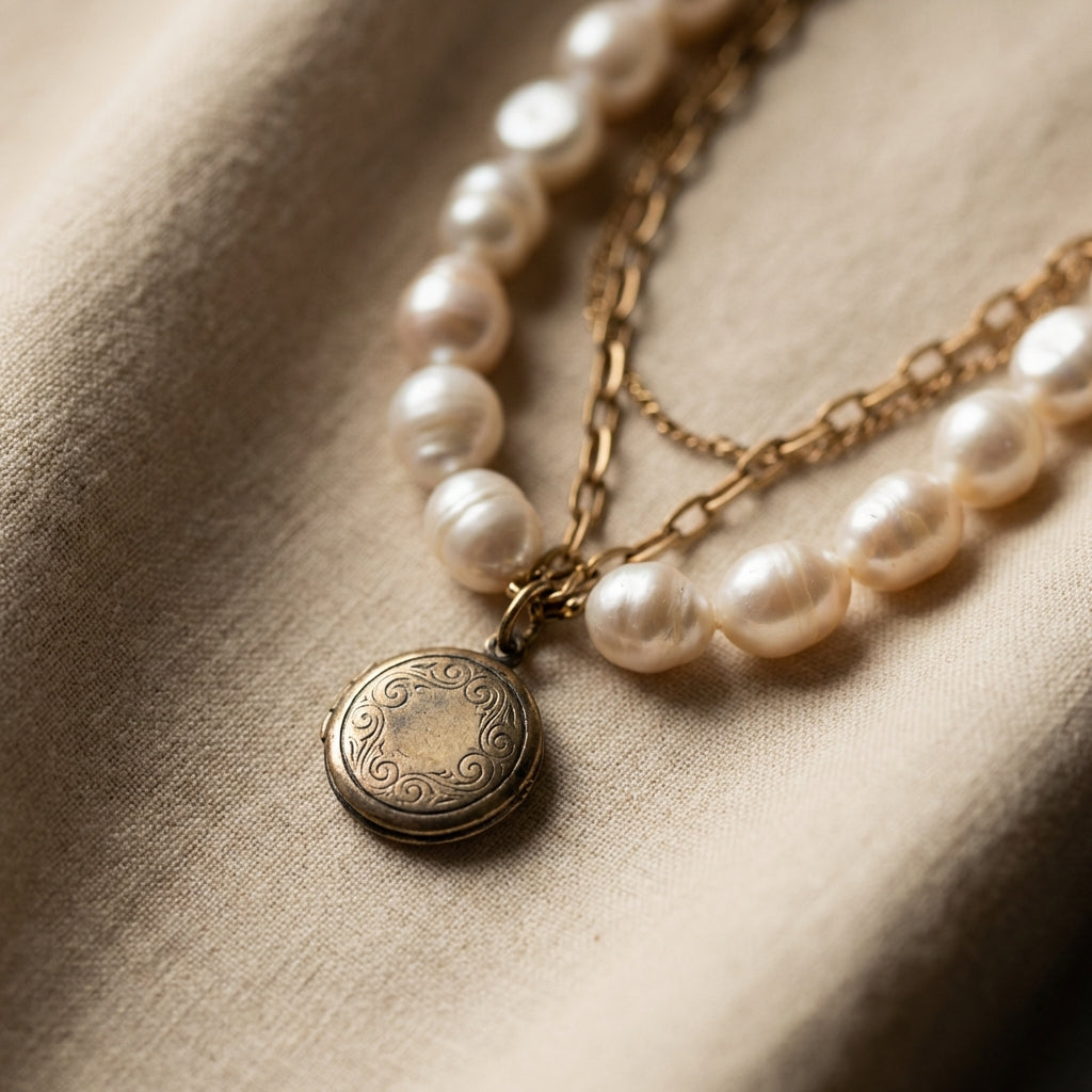 Close up of layered necklaces on neutral fabric featuring baroque pearls a thin metal chain and a small aged pendant medieval locket with visible patina and warm highlights
