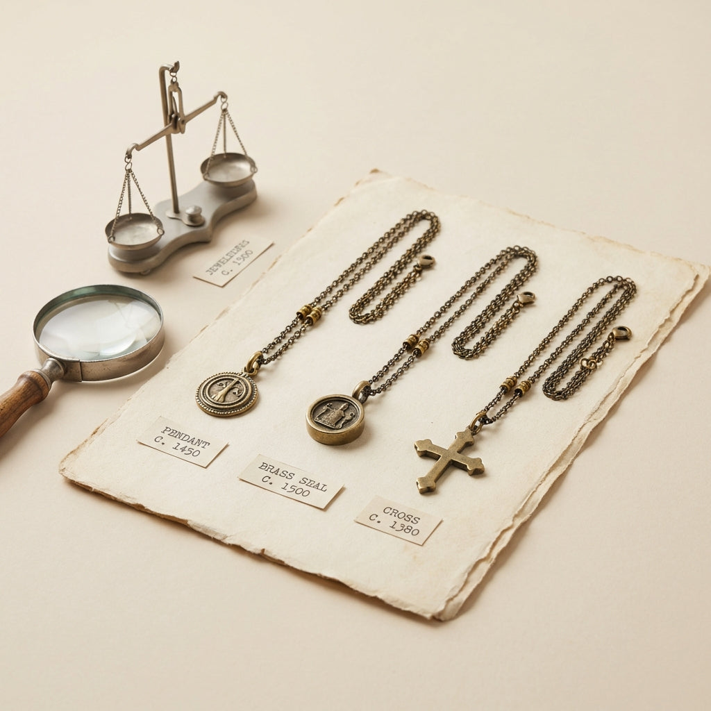 Labeled medieval pendant collection on archival paper with magnifying glass and jeweler scale on cream background