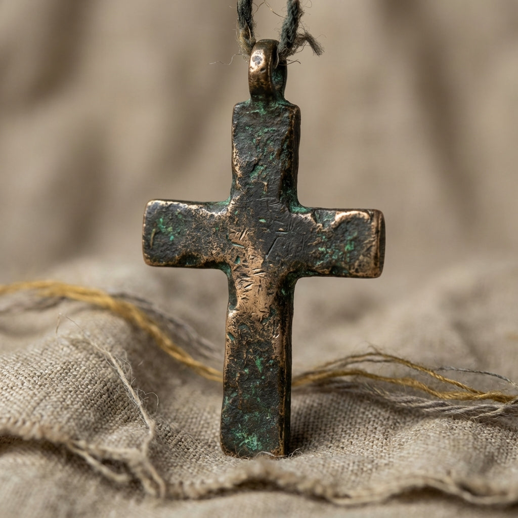 Close up of a worn medieval pendant bronze cross with visible patina suspended over aged linen on a neutral archival background