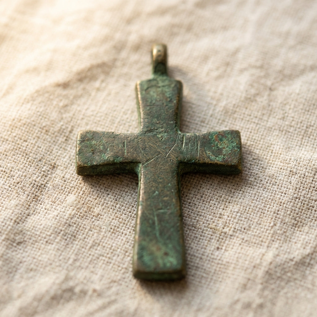 Close crop of a patinated bronze medieval pendant cross on linen lit by soft directional light revealing casting texture and surface patina