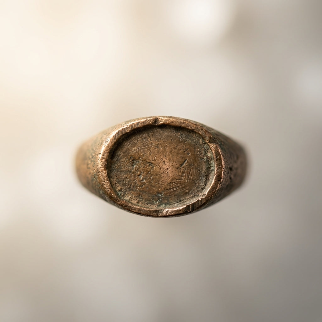 Close macro view of an ancient bronze ring bezel showing patina and tool marks on a neutral ede7da background minimalist composition old greek wedding rings