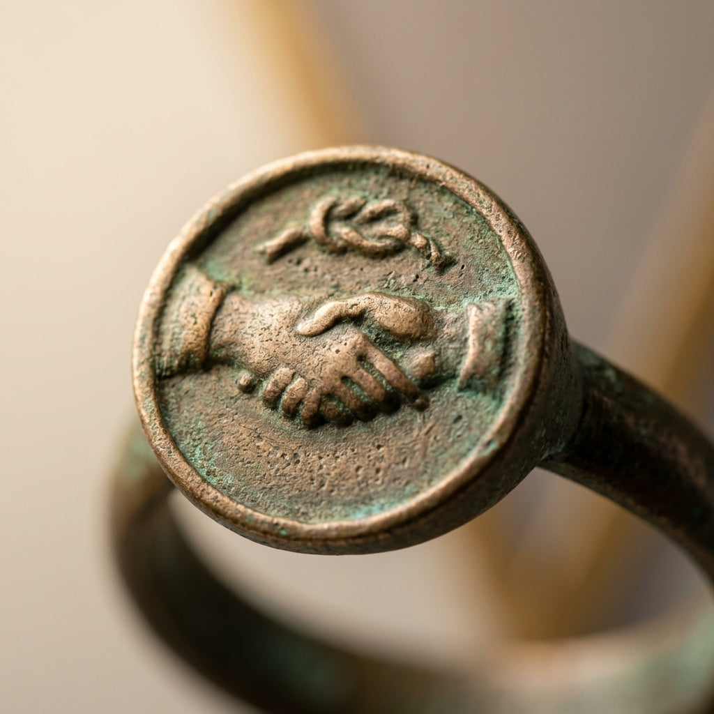 Close up of a patinated bronze bezel from old greek wedding rings on warm beige background showing textured metal and soft directional light