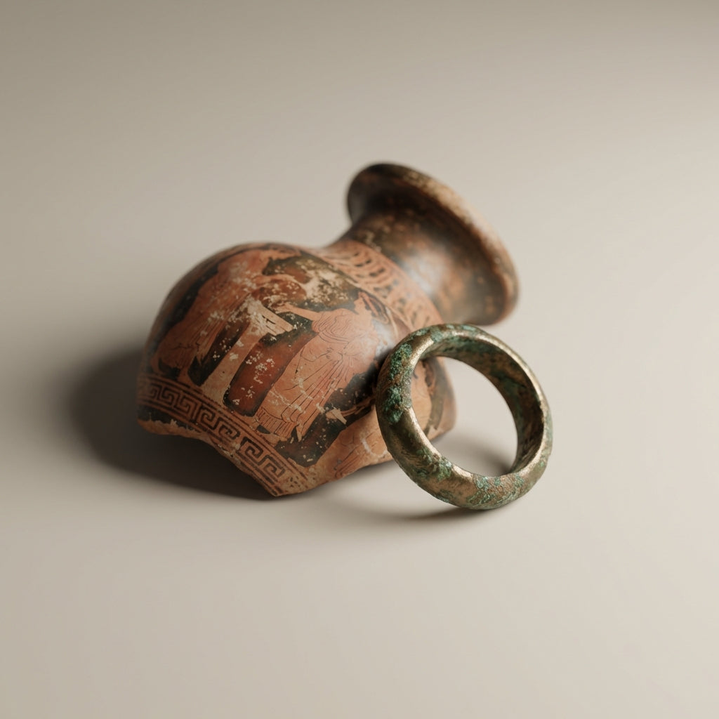 Minimal photographic study of an Attic wedding vase fragment beside a patinated bronze old greek wedding rings close up on a neutral background with soft directional light