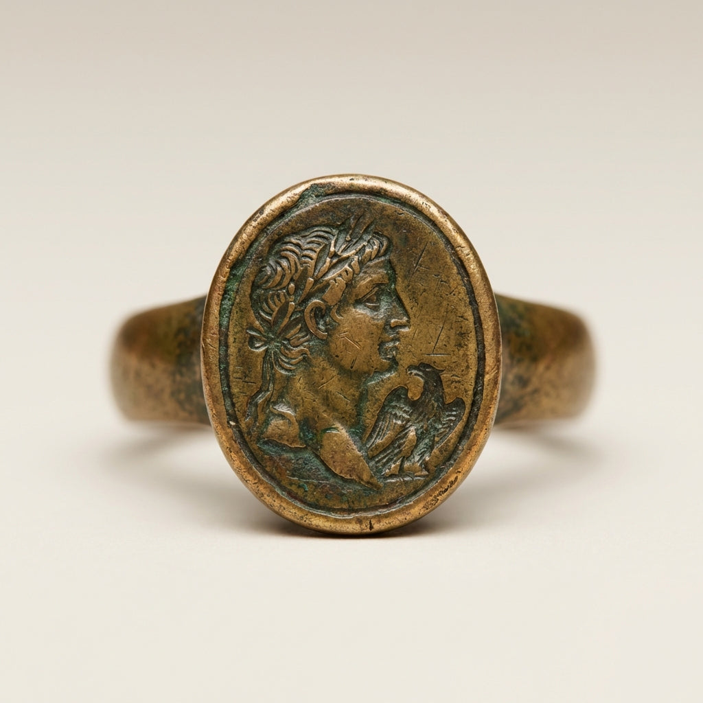 Close up photorealistic image of an ancient signet ring showing bezel engraving and patina on a neutral background in Aurora Antiqua style old roman jewelry