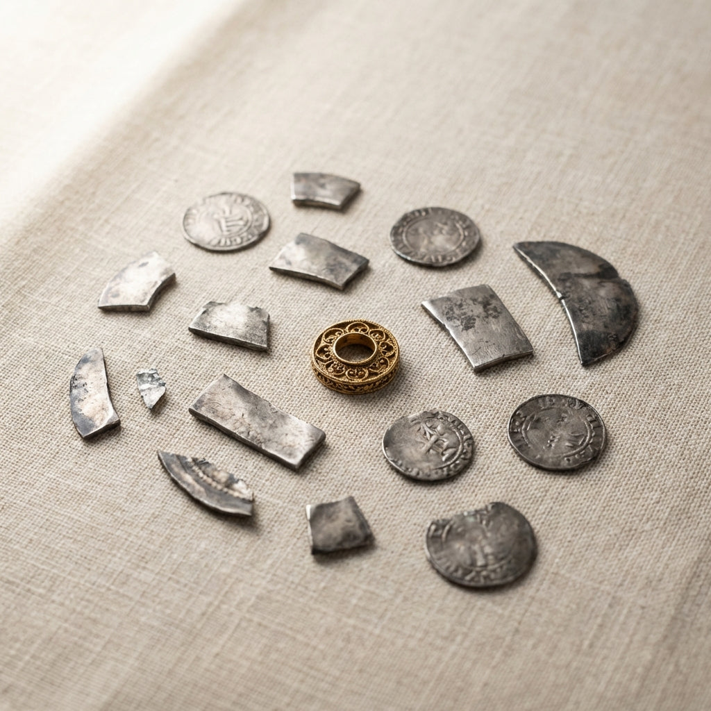 Close up top down photo of old viking jewelry hoard on neutral linen showing cut silver fragments visible coin edges and a single small gold mount
