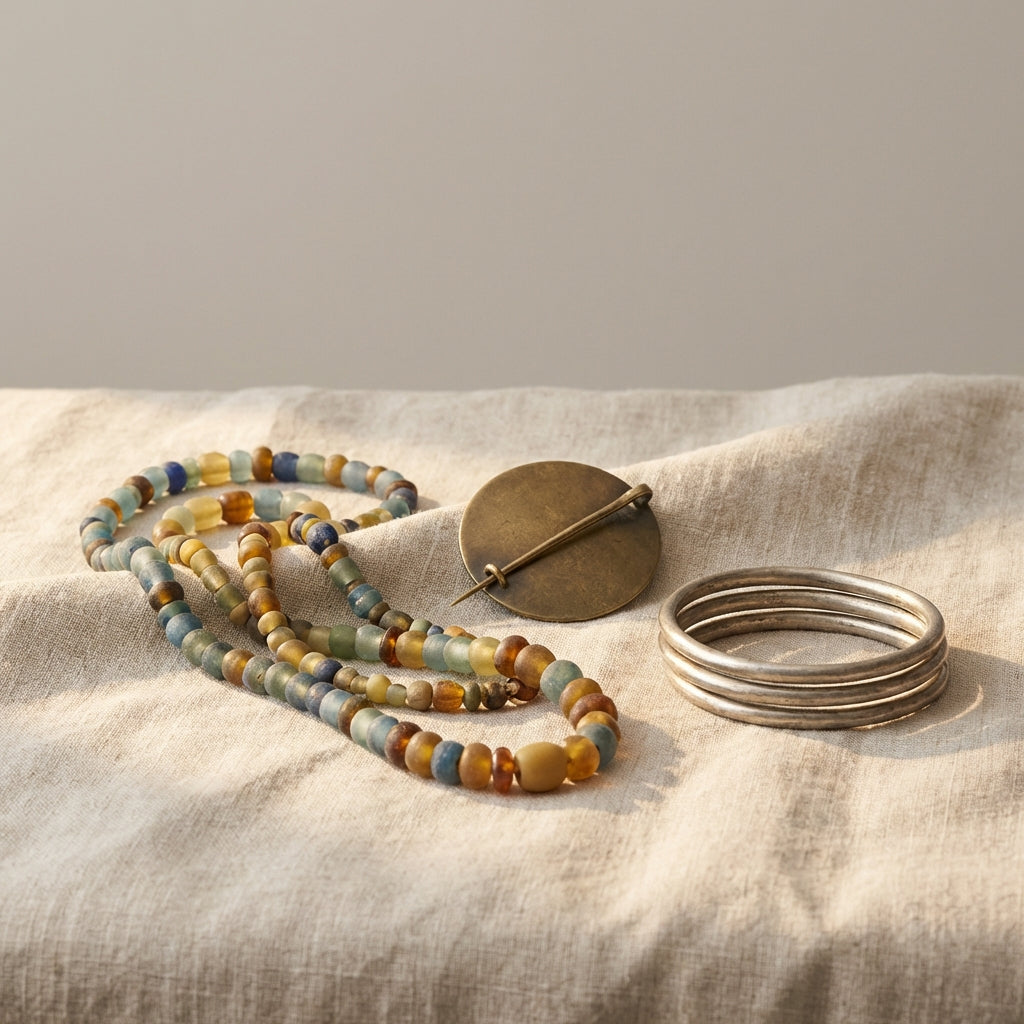 Old viking jewelry layered bead strands simple brooch and patinated arm ring on neutral linen with soft directional light minimalist Aurora Antiqua palette