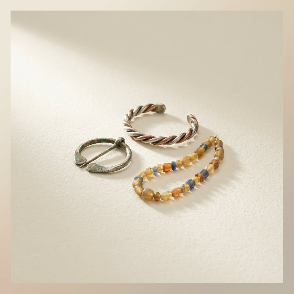 Minimalist still life of old viking jewelry on archival paper showing a penannular brooch twisted arm ring and a strand of amber and glass beads in Aurora Antiqua palette ede7da accents ae8339