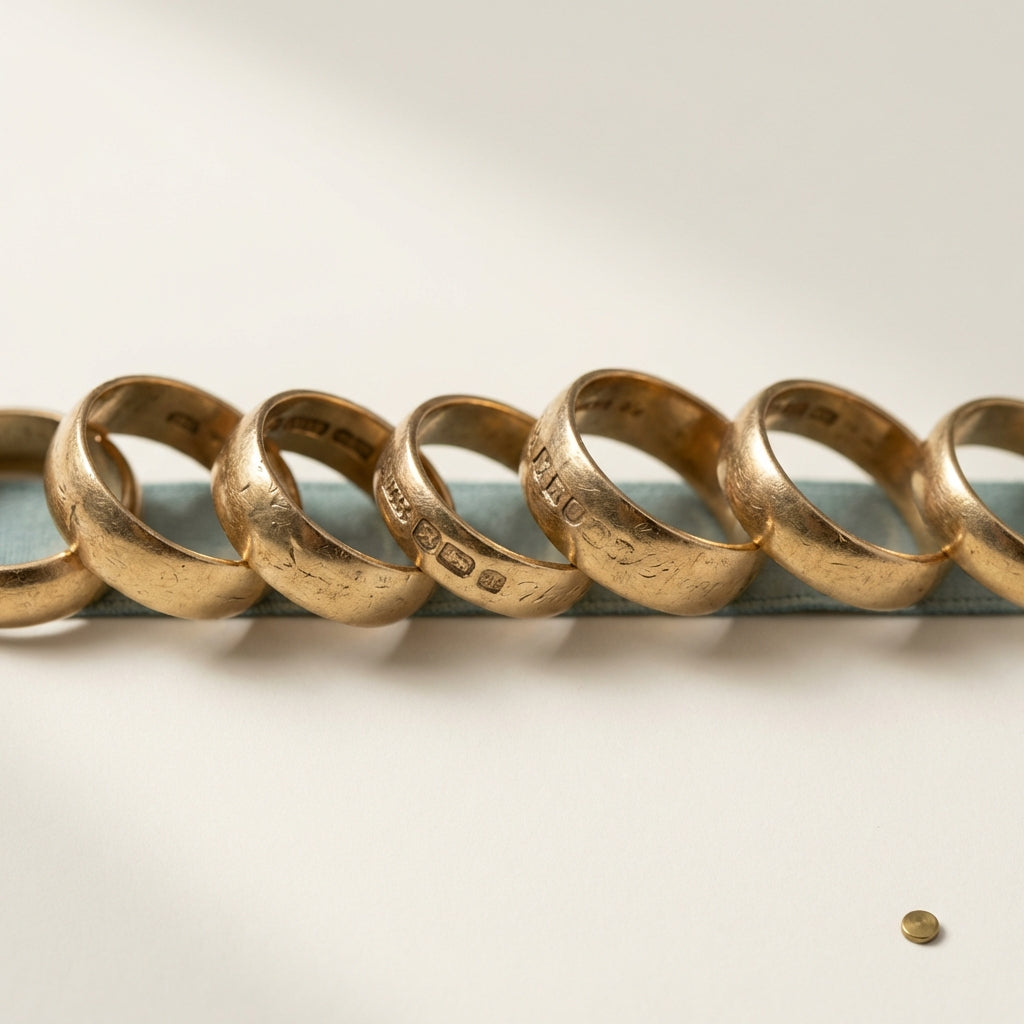 Close up high contrast full frame photo of oldest gold ring bands showing hallmarks wear and patina on a warm beige background in Aurora Antiqua minimalist style