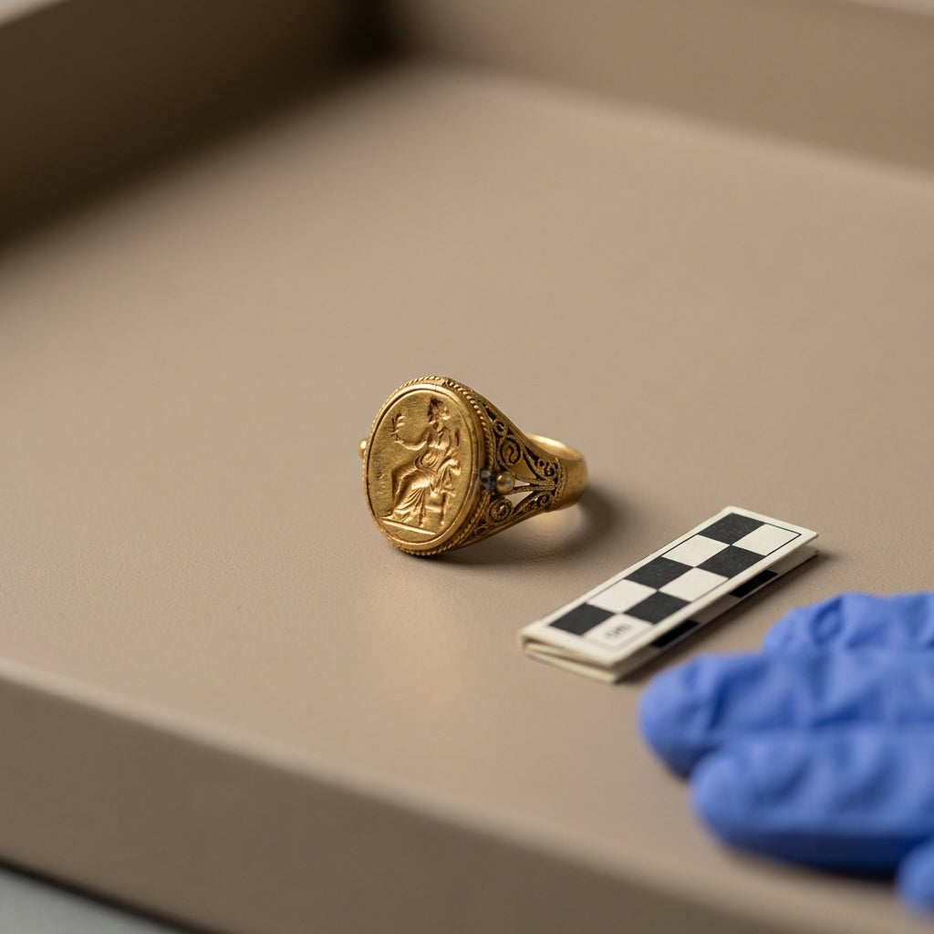 Close lit full frame photo of a Hellenistic oldest gold ring on a conserved excavation tray showing bezel and hoop details with scale bar and gloved hands soft focus