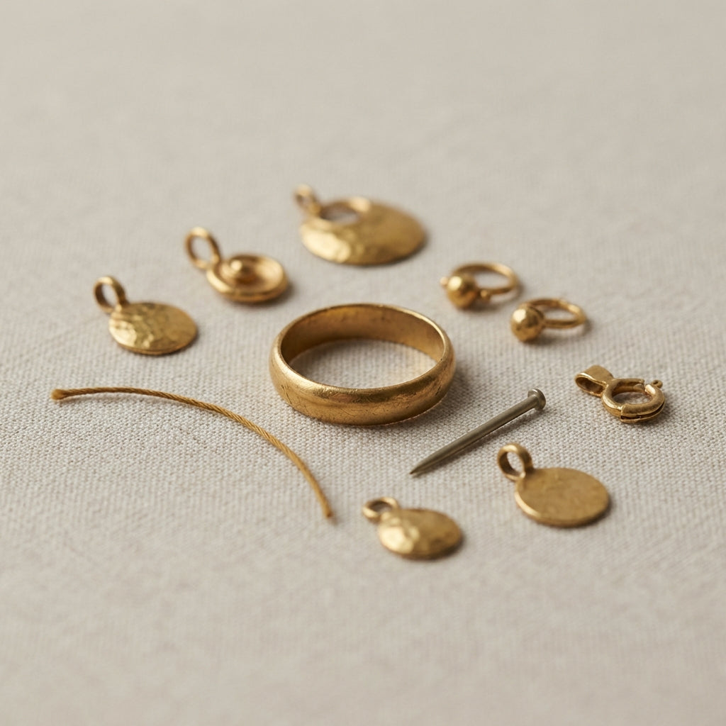 Close up of the oldest gold ring among small ancient gold ornaments on a neutral fabric background showing patina and wear in soft directional light