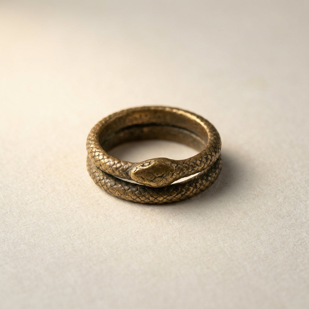 Close cropped photo of an ancient bronze ouroboros ring on archival paper with soft directional light and neutral background ouroboros ring meaning