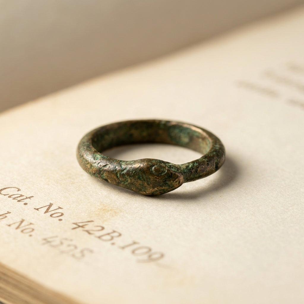 Close cropped full frame image of an ancient bronze ouroboros ring meaning resting on archival paper with pale catalogue numbers soft directional light emphasizing patina