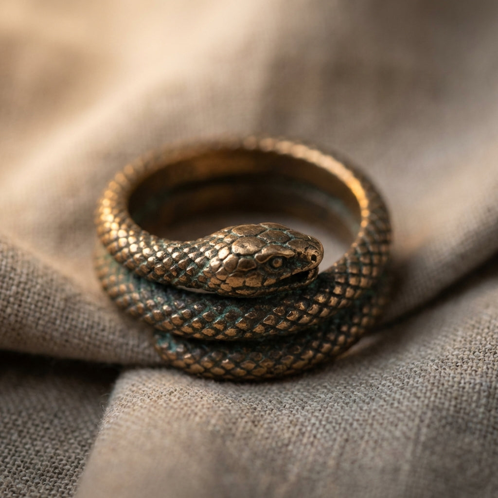 Close up of a coiled bronze ouroboros snake ring on neutral linen background ede7da with soft directional light highlighting patina and fine surface texture