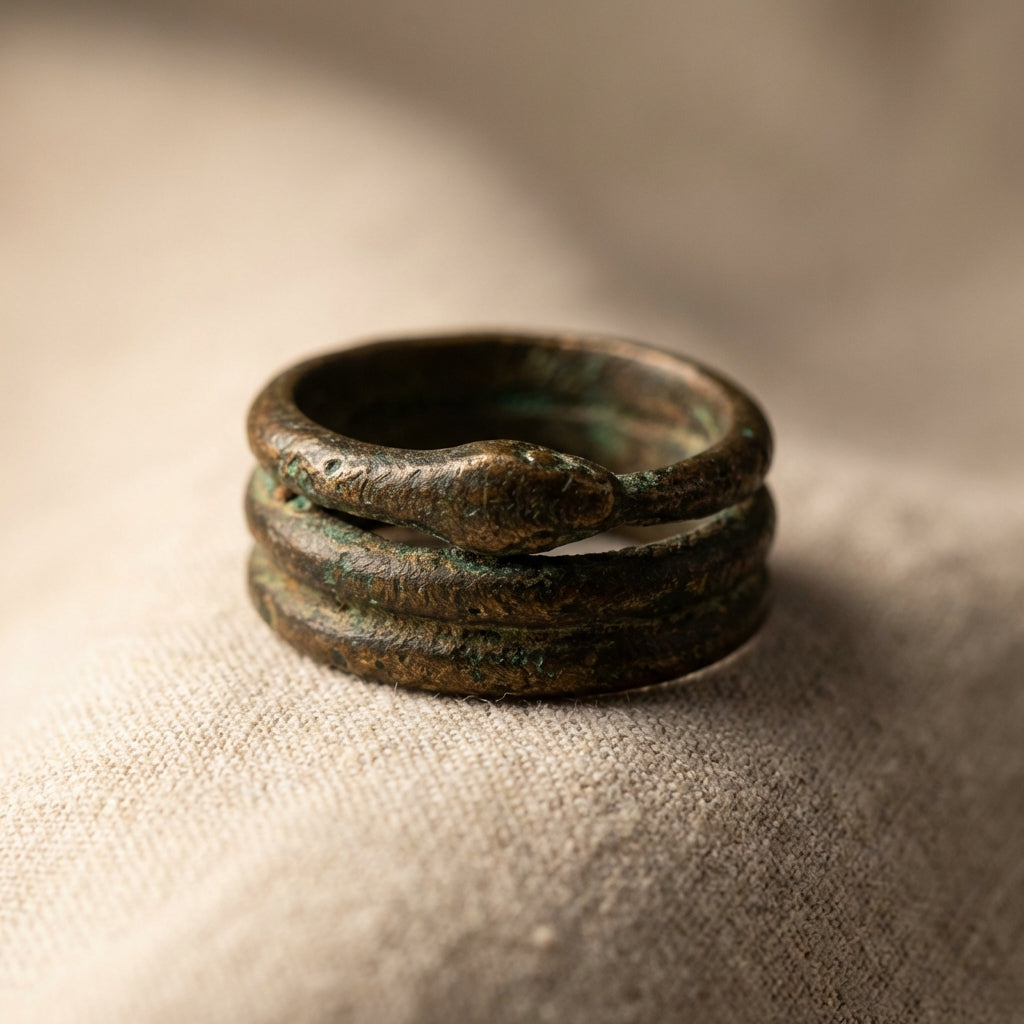 Close macro of a coiled ancient bronze ouroboros snake ring on linen display with soft directional light highlighting patina and texture