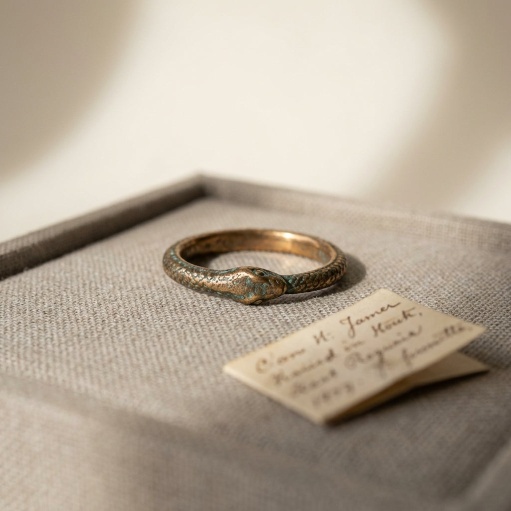 Bronze ouroboros snake ring on a padded conservation tray with a small handwritten condition note and soft museum lighting