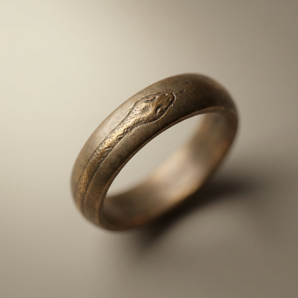 Close macro view of a worn bronze ouroboros snake ring on a soft beige background hex ede7da with museum style lighting minimal Aurora Antiqua aesthetic