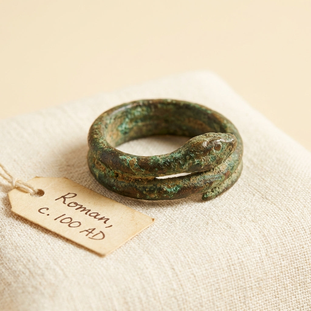 Close up of a patinated bronze ouroboros snake ring coiled on neutral linen cloth with a small handwritten provenance tag minimalist Aurora Antiqua aesthetic