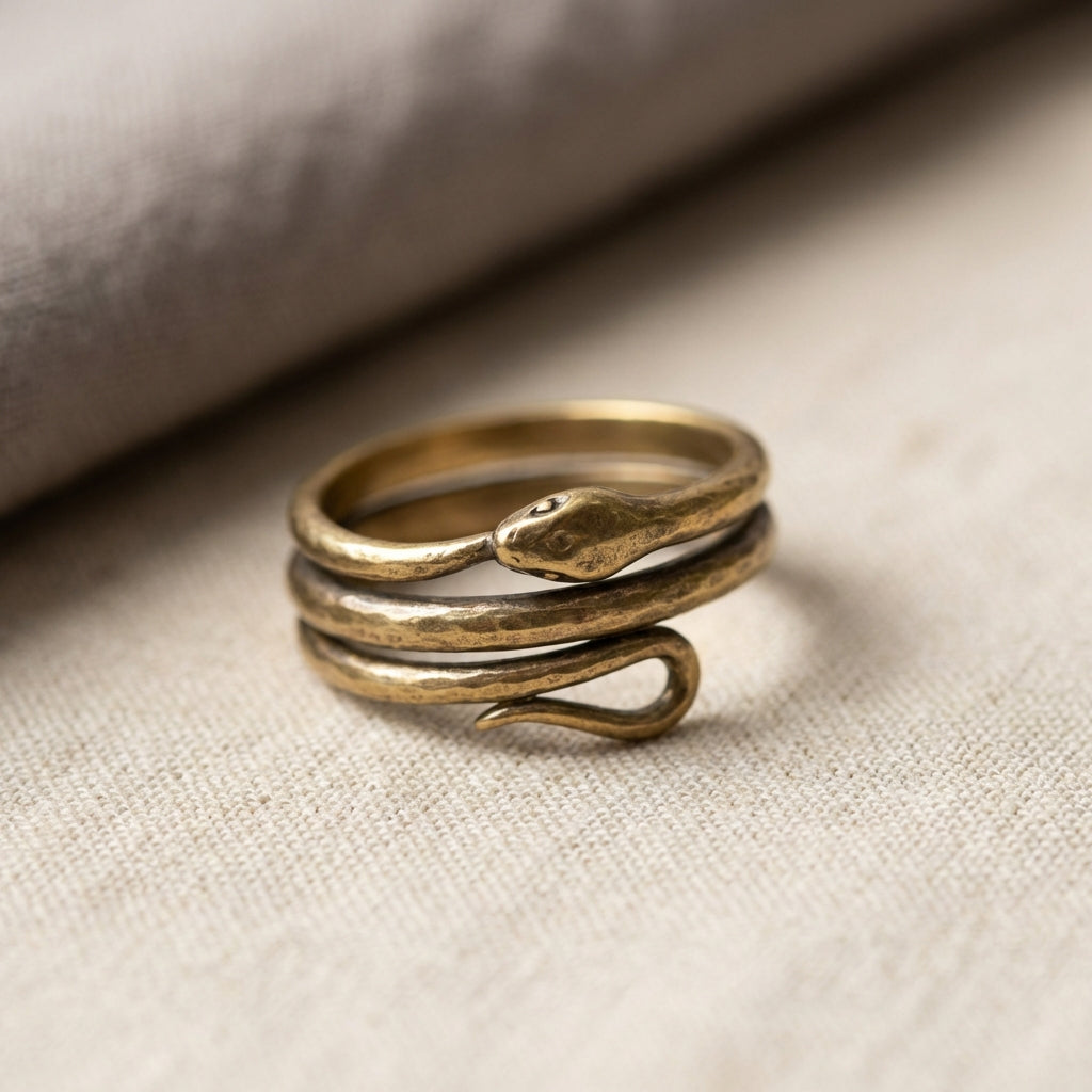 Close up of coiled ouroboros snake ring on neutral linen background showing head and tail meeting detailed aged patina and hand hammered texture