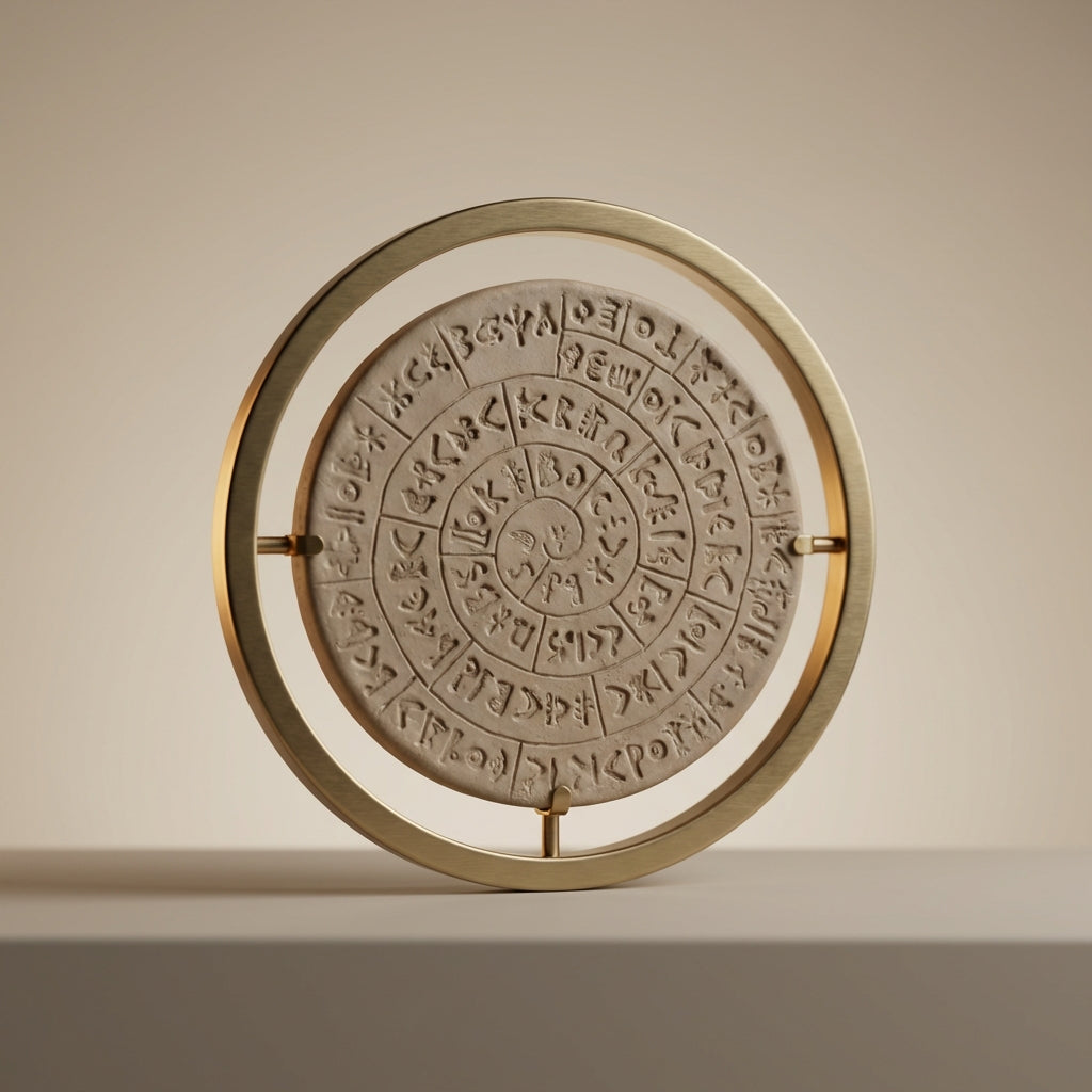 Minimalist museum studio photo of a Phaistos Disc on a ring display with soft side lighting and shallow depth of field emphasizing spiral signs phaistos disc ring